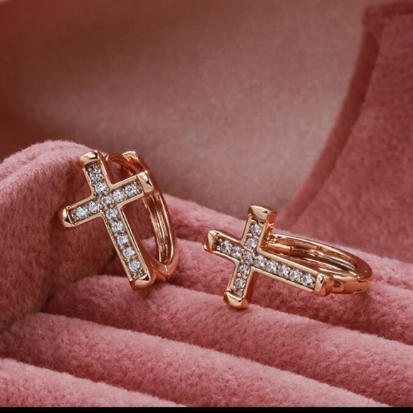 ROSE gold micro pave cross hoop earrings - Picture 7 of 9
